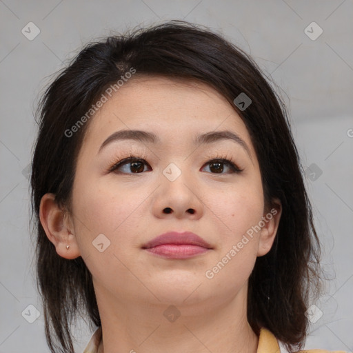 Neutral asian young-adult female with medium  brown hair and brown eyes