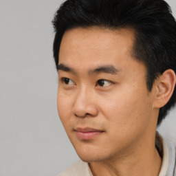 Neutral asian young-adult male with short  black hair and brown eyes