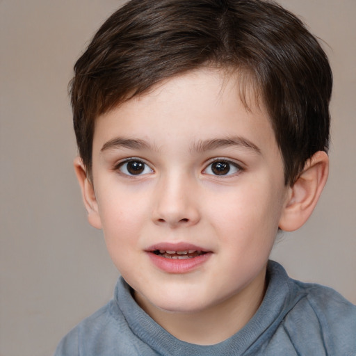 Joyful white child female with short  brown hair and brown eyes