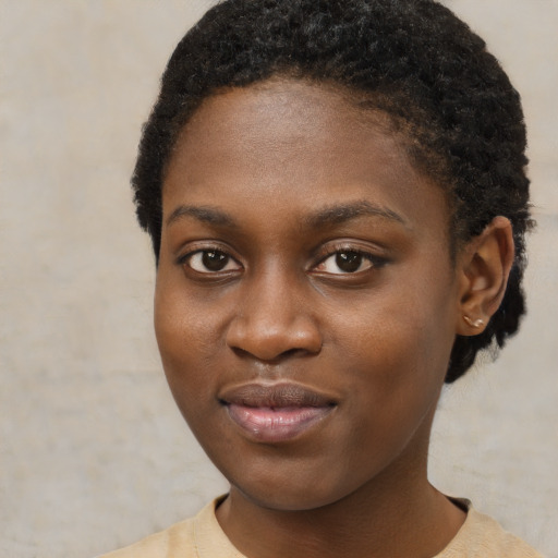 Joyful black young-adult female with short  black hair and brown eyes