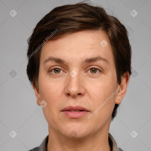 Neutral white adult female with short  brown hair and grey eyes