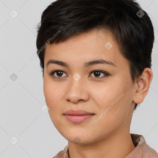 Joyful white young-adult female with short  brown hair and brown eyes