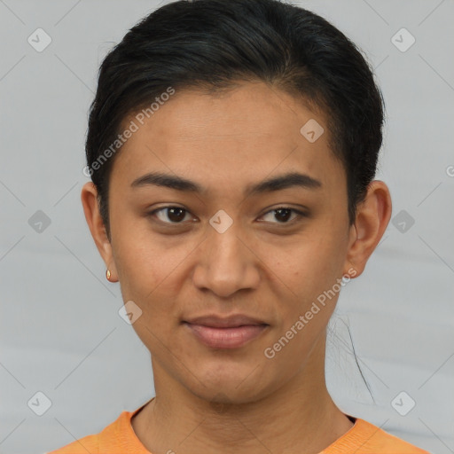 Joyful latino young-adult female with short  brown hair and brown eyes