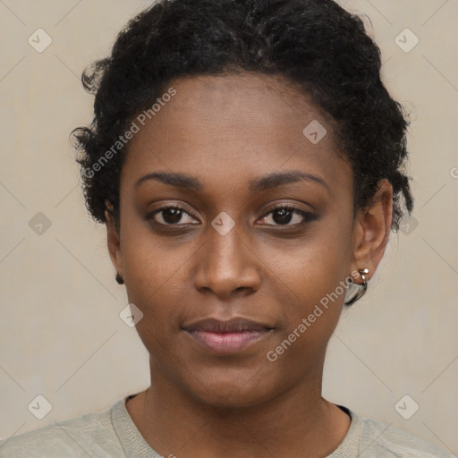 Neutral black young-adult female with short  black hair and brown eyes