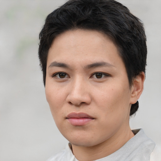 Joyful asian young-adult female with short  brown hair and brown eyes