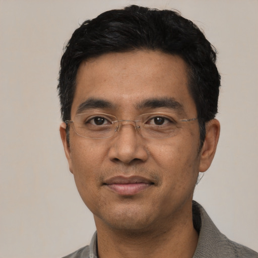Joyful asian adult male with short  black hair and brown eyes