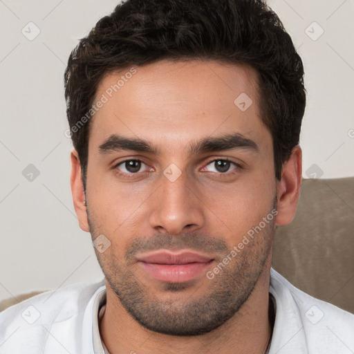 Neutral white young-adult male with short  brown hair and brown eyes