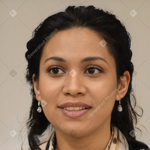 Joyful latino young-adult female with long  brown hair and brown eyes