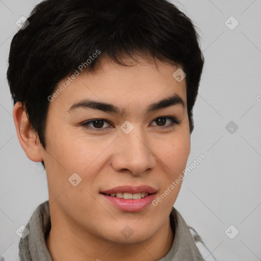 Joyful asian young-adult female with short  brown hair and brown eyes