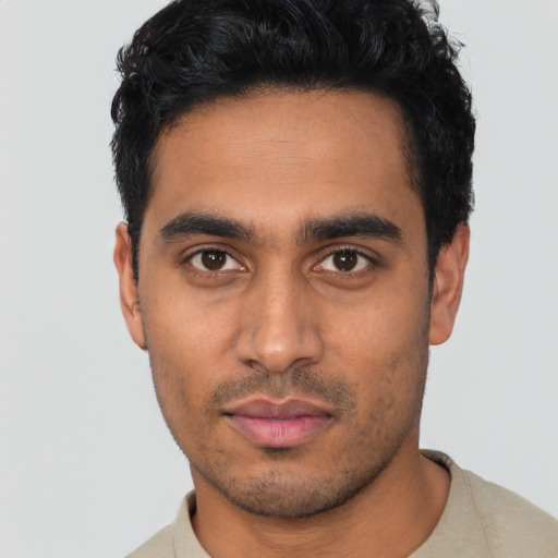 Neutral latino young-adult male with short  black hair and brown eyes