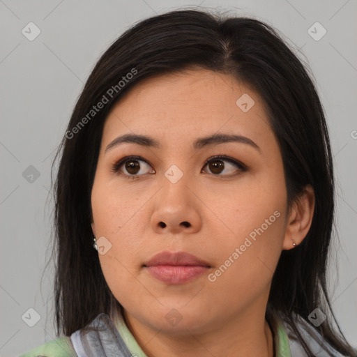 Neutral asian young-adult female with medium  brown hair and brown eyes