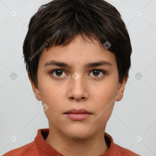 Neutral white young-adult female with short  brown hair and brown eyes