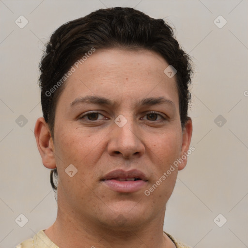 Neutral white young-adult female with short  brown hair and brown eyes