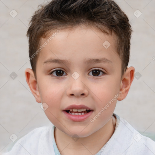 Joyful white child male with short  brown hair and brown eyes