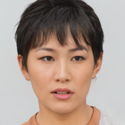 Neutral asian young-adult female with short  brown hair and brown eyes