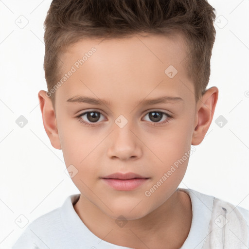 Joyful white child male with short  brown hair and brown eyes