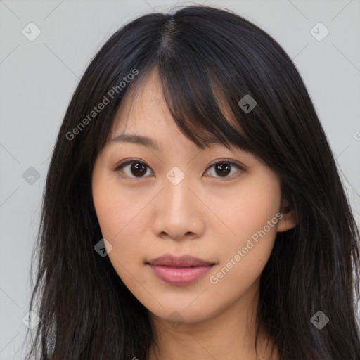 Neutral asian young-adult female with long  brown hair and brown eyes