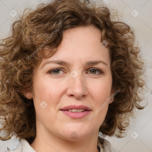 Joyful white young-adult female with medium  brown hair and green eyes