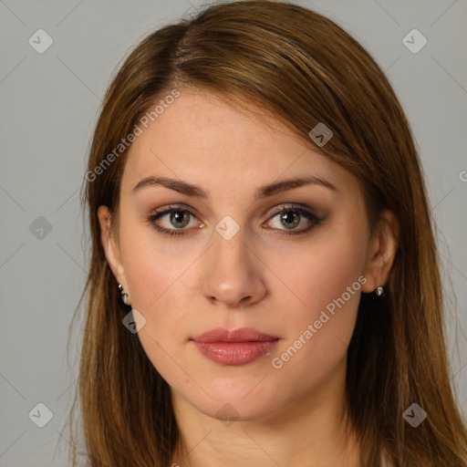 Neutral white young-adult female with long  brown hair and brown eyes