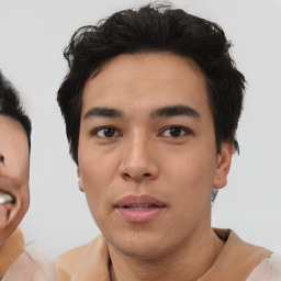 Neutral asian young-adult male with short  black hair and brown eyes