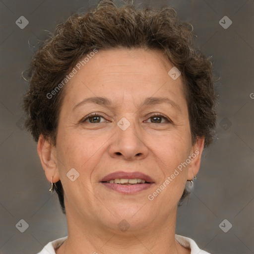 Joyful white adult female with short  brown hair and brown eyes