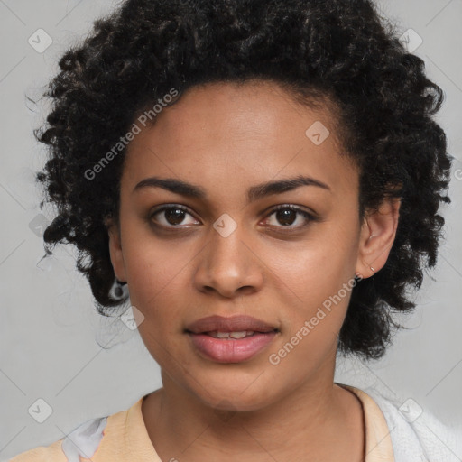 Joyful latino young-adult female with short  black hair and brown eyes