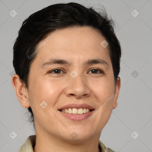 Joyful white young-adult male with medium  brown hair and brown eyes