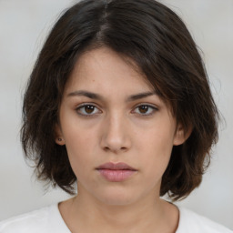 Neutral white young-adult female with medium  brown hair and brown eyes