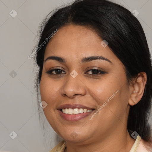 Joyful latino young-adult female with medium  brown hair and brown eyes