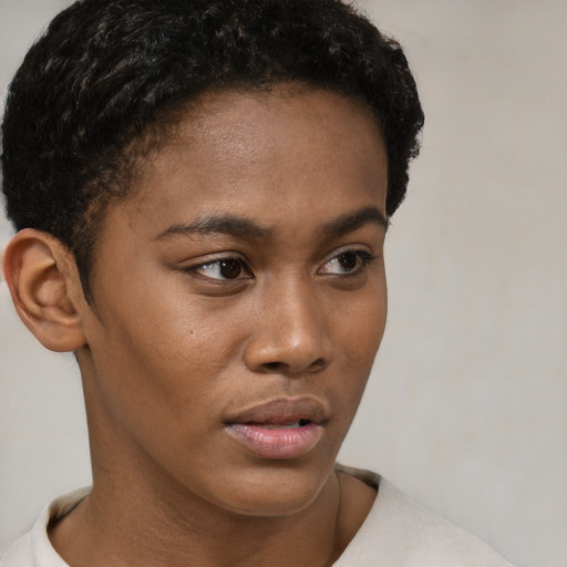 Neutral black young-adult female with short  brown hair and brown eyes