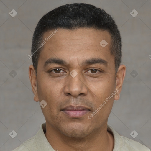 Joyful latino adult male with short  black hair and brown eyes