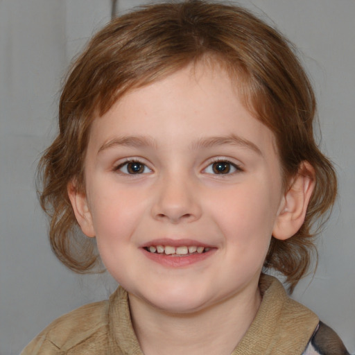 Joyful white child female with medium  brown hair and brown eyes