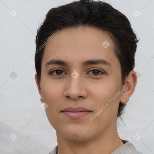 Joyful white young-adult female with short  brown hair and brown eyes