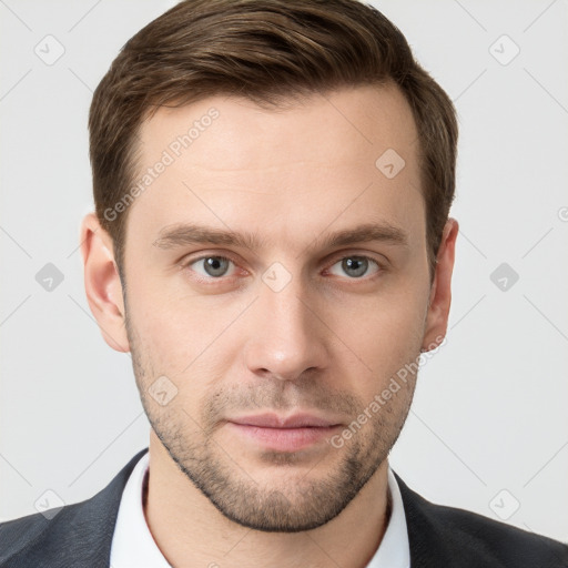 Neutral white young-adult male with short  brown hair and grey eyes