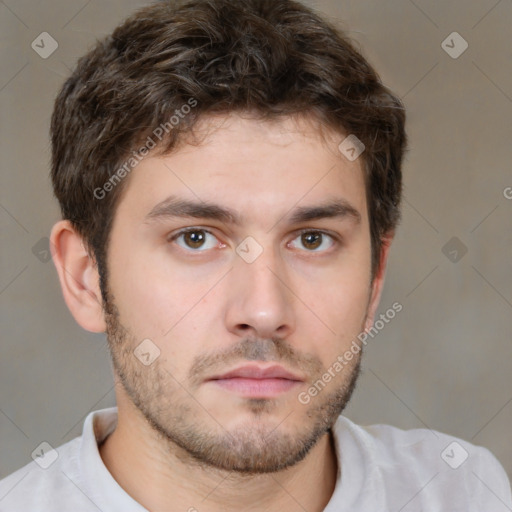 Neutral white young-adult male with short  brown hair and brown eyes