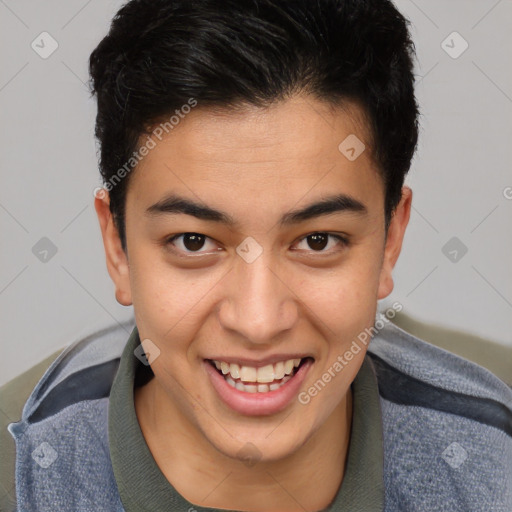 Joyful asian young-adult male with short  brown hair and brown eyes