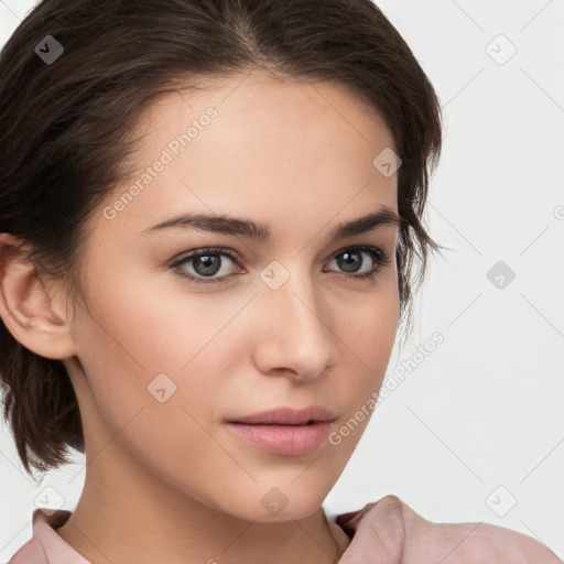 Neutral white young-adult female with medium  brown hair and brown eyes