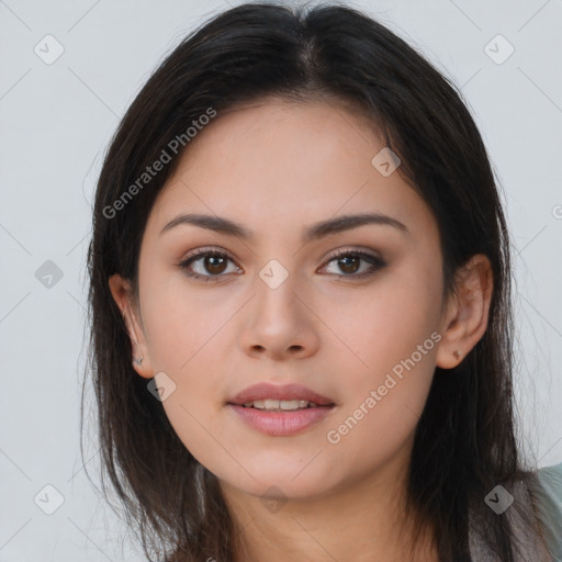 Neutral asian young-adult female with long  brown hair and brown eyes