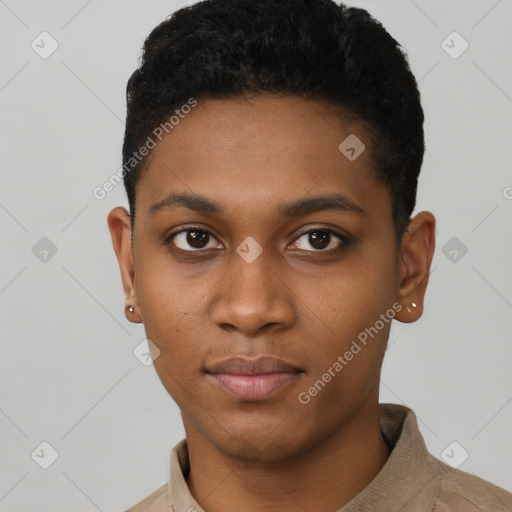 Neutral latino young-adult male with short  black hair and brown eyes