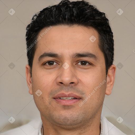 Neutral white young-adult male with short  black hair and brown eyes