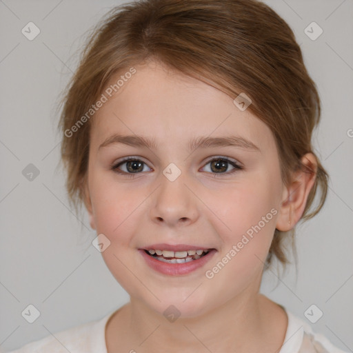 Joyful white child female with medium  brown hair and brown eyes