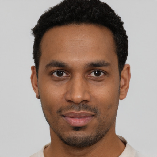 Neutral black young-adult male with short  black hair and brown eyes