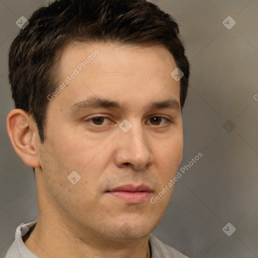 Neutral white young-adult male with short  brown hair and brown eyes