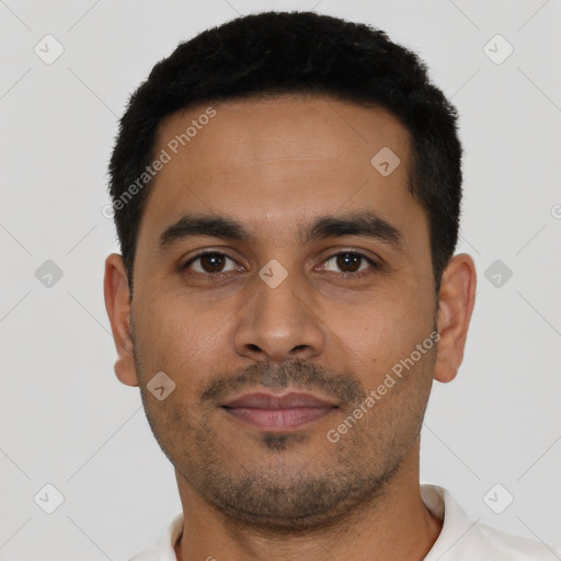 Neutral latino young-adult male with short  black hair and brown eyes