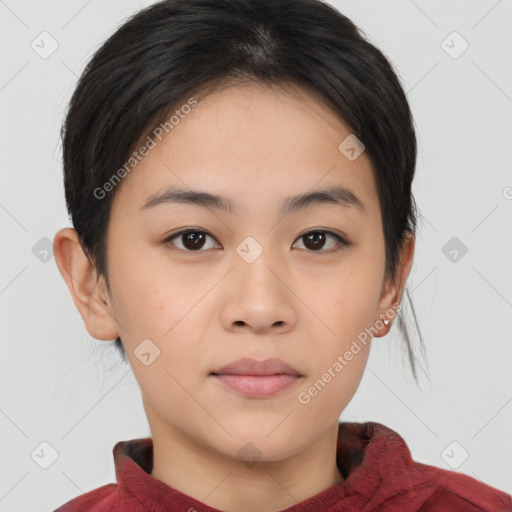 Neutral asian young-adult female with medium  black hair and brown eyes