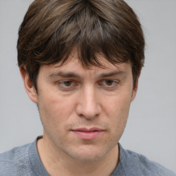 Neutral white adult male with short  brown hair and grey eyes