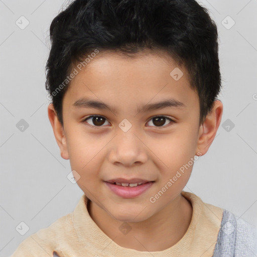 Joyful white child male with short  brown hair and brown eyes