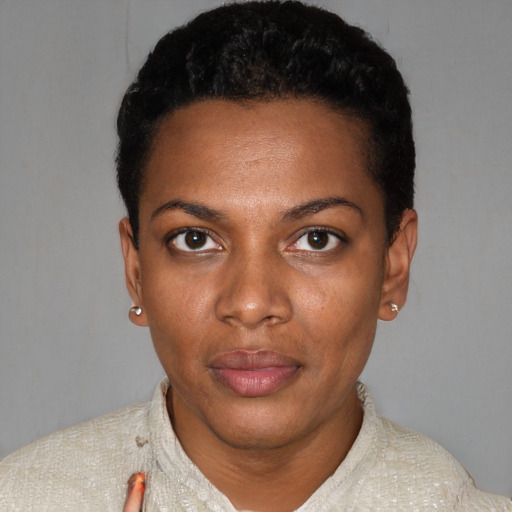 Neutral black young-adult female with short  black hair and brown eyes
