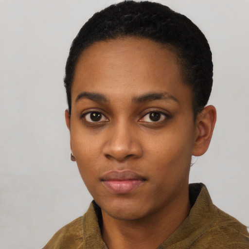 Neutral latino young-adult female with short  black hair and brown eyes