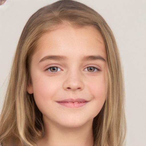 Joyful white child female with long  brown hair and brown eyes